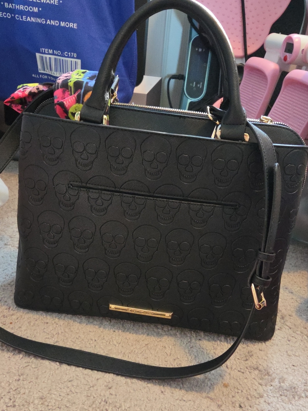 Betsey Johnson Black Embossed Skull Satchel with Gold Hardware